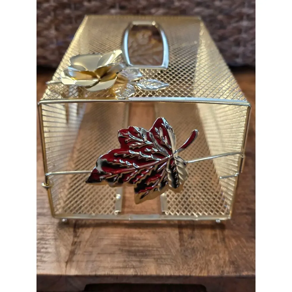 VTG MCM Metal Mesh Gold Tone Kleenex Box Cover with Rose and Leaf Design